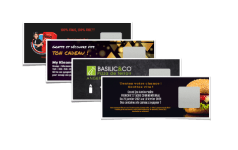 I biglietti da grattare Nano® consentono ai giocatori di scoprire un premio nascosto sotto un piccolo quadrato da grattare su una carta delle dimensioni 85mm x 30mm. È il biglietto ideale per operazioni di marketing di massa a basso costo. Il loro design grafico e i messaggi nascosti sono liberamente configurabili nel configuratore.